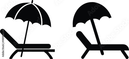 Lounge Chair and Beach Umbrella Icon. Summer Relaxation Silhouette Set.