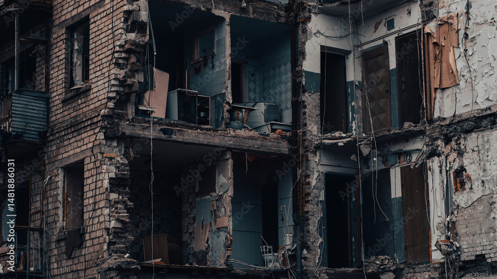ruined street and destroyed houses the city war in Ukraine ruined street and destroyed houses the city war in Ukraine