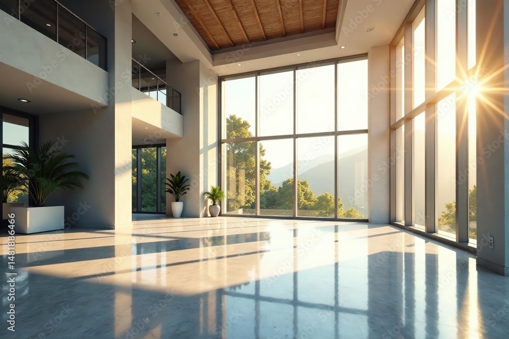 Fototapeta premium Sunlit modern building interior, showcasing large windows, bright, ambient, natural light
