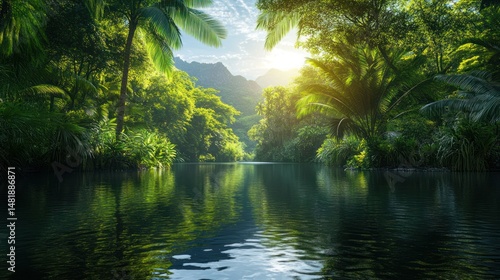 Jungle Landscape with River and Palm Trees