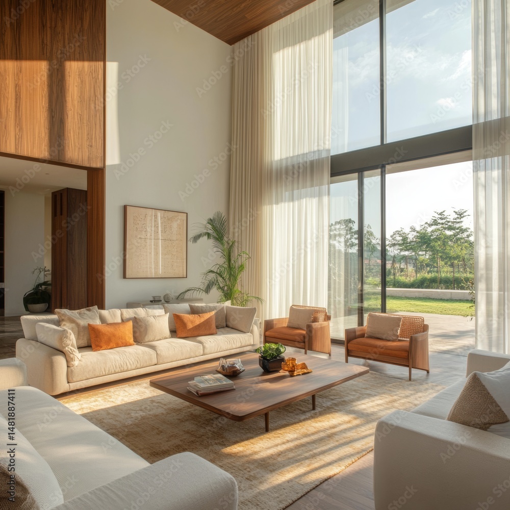 Fototapeta premium Modern Living Room with Large Windows and Outdoor View