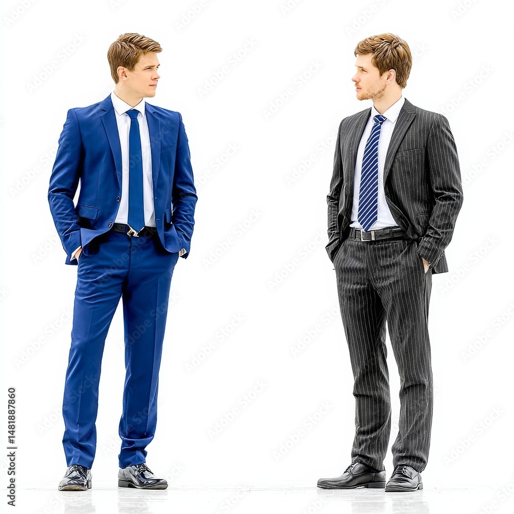 Two Professionals in Suits: Contrasting Styles in Business Attire on a Bright White Background Two Professionals in Suits: Contrasting Styles in Business Attire on a Bright White Background