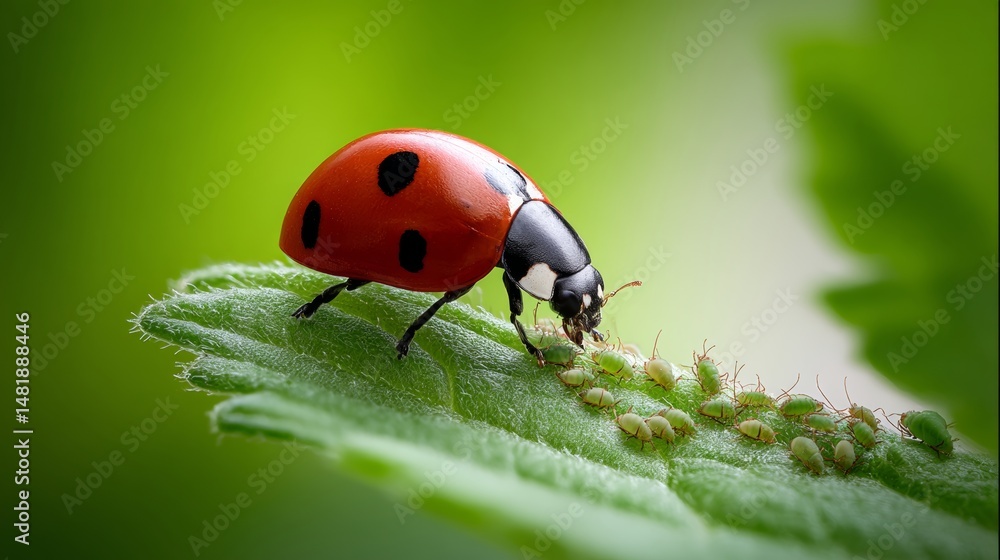 Fototapeta premium Ladybug is eating a leaf. The ladybug is red and black. The leaf is green