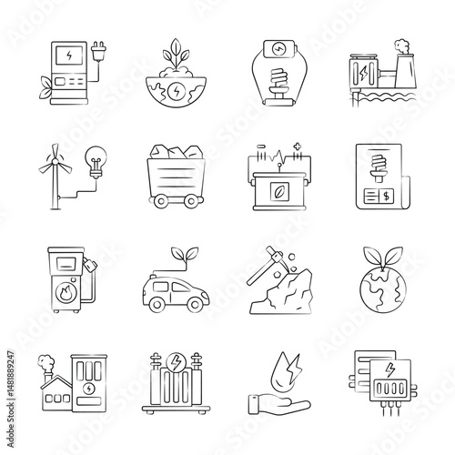 Get this amazing pack of energy sources hand drawn icons