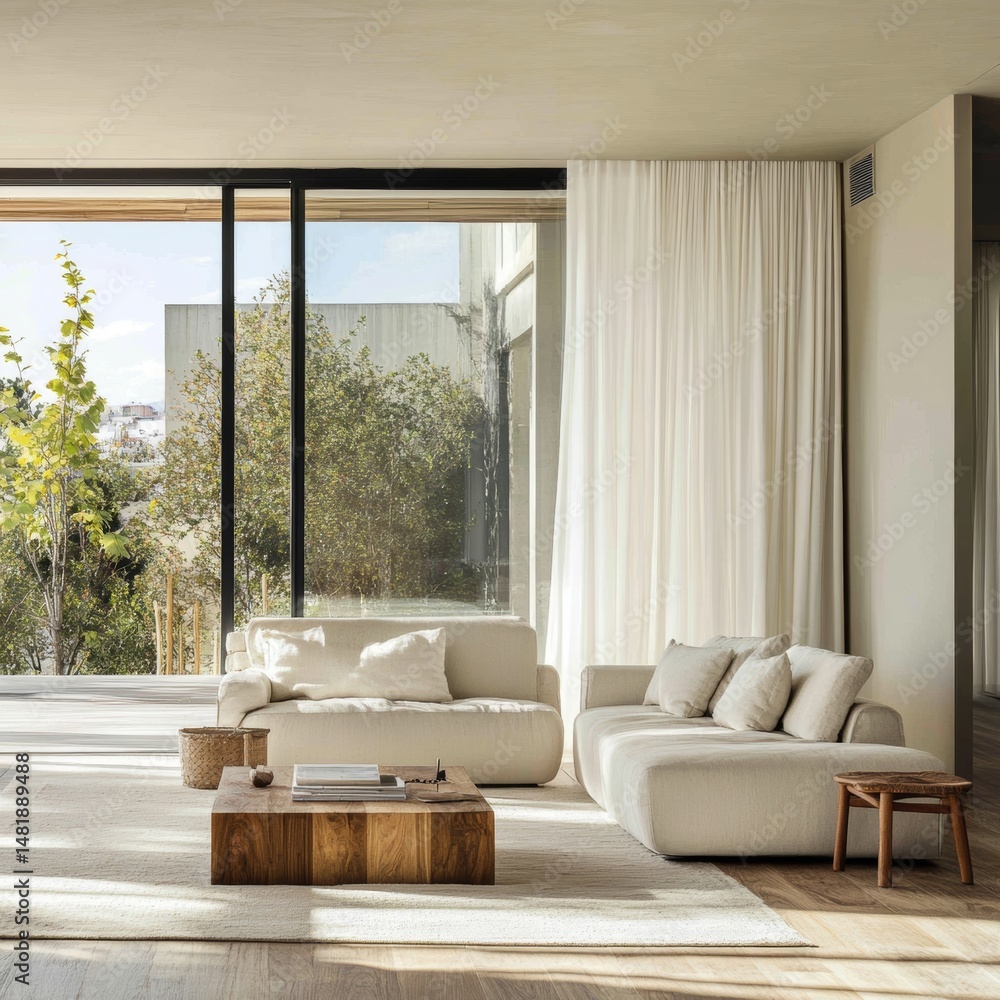 Fototapeta premium Modern Living Room with Large Windows and Outdoor View