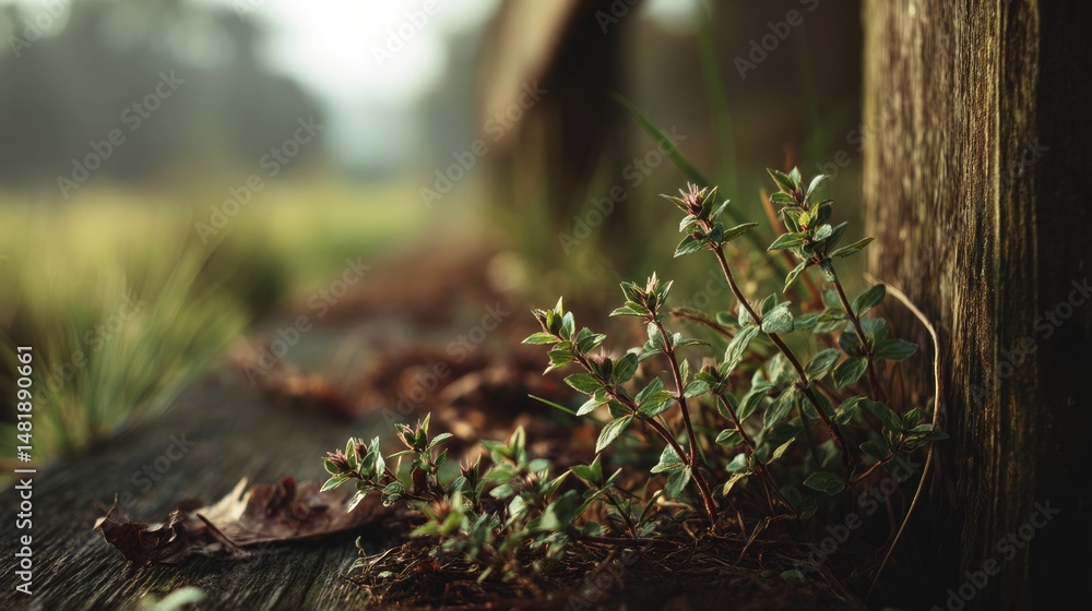 Obraz premium Morning Dew: Tiny Green Plants by Wooden Fence