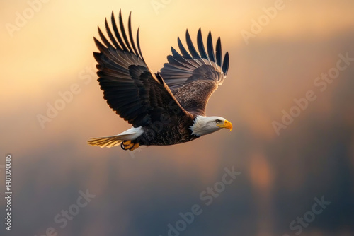 Majestic Bald Eagle in Flight. A majestic bald eagle soars through the sky, its wings spread wide against a warm, golden sunset.