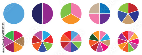 Circle diagram, pie chart infographic design. Flat process cycle. Progress sectors. business elements and statistics with numbers. Colorful diagram collection with, 1 to 10 sections.