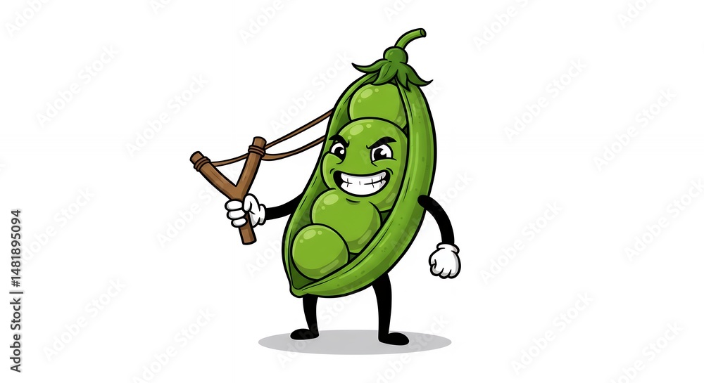 Fototapeta premium Pea pod cartoon character holding slingshot