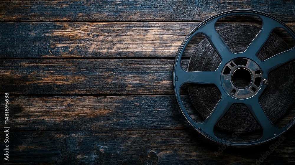Obraz premium A vintage film reel rests on a dark wooden table.