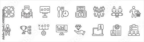 Business and management icon set. Contains symbol of businessman, target, finance, lunchtime, success, data, reward, work, money, employee, task, shop, meeting, education, idea. Vector illustration