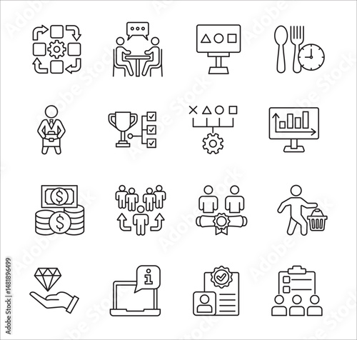Business company Icon set. Management icon set. Contains symbol of success, data, reward, work, money, employee, businessman, target, finance, lunchtime, shop, meeting, education. Vector illustration