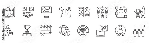 Business and management icon set. Contains symbol of businessman, target, finance, lunchtime, success, data, reward, work, money, employee, task, shop, meeting, education, idea. Vector illustration