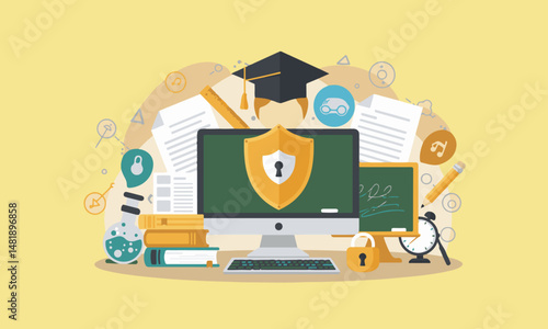 Online Education Cybersecurity Illustration : computer with a locked shield, surrounded by learning materials
