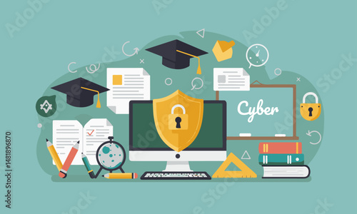Online Education Cybersecurity Illustration : computer with a locked shield, surrounded by learning materials
