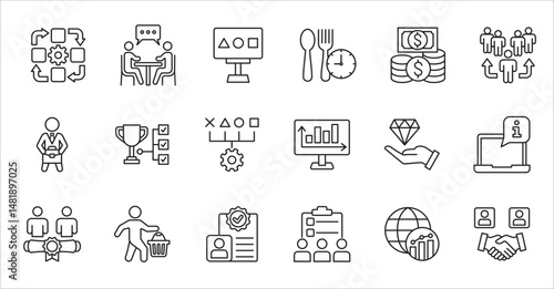 Business company and Management icon set. Contains symbol of success, data, reward, work, money, employee, businessman, target, finance, lunchtime, task, shop, meeting, education. Vector illustration