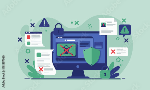 Cybersecurity Threat Detection Illustration : computer with a broken shield, surrounded by warnings, errors, and locked padlocks.