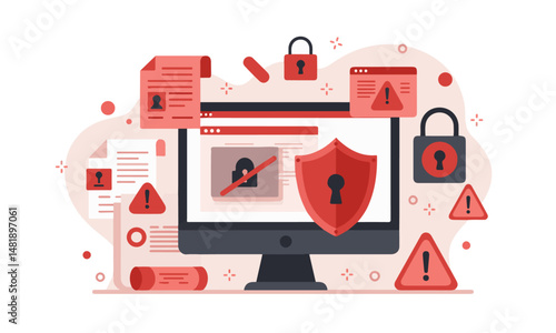  Ultimate Cybersecurity Bundle Illustration : computer with a locked red shield, surrounded by security warnings and padlocks