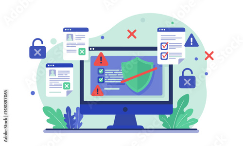 Cybersecurity Threat Detection Illustration : computer with a broken shield, surrounded by warnings, errors, and locked padlocks.