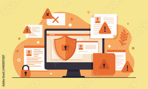Illustration of a cyber attack: damaged shield on computer, surrounded by warnings, crossed documents, and a broken lock.