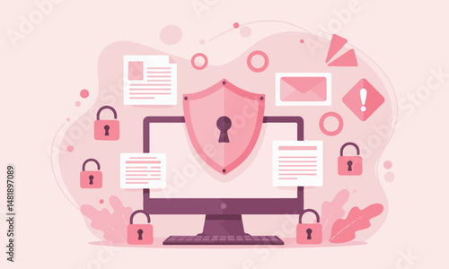 Illustration of data security and privacy: computer with shield and keyhole, surrounded by secure documents and padlocks.