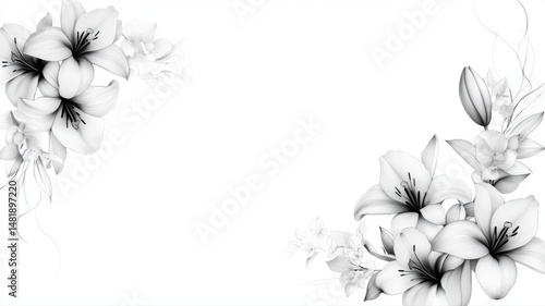 Elegant Black and White Lily Floral Illustration with Copy Space lily floral illustration elegant