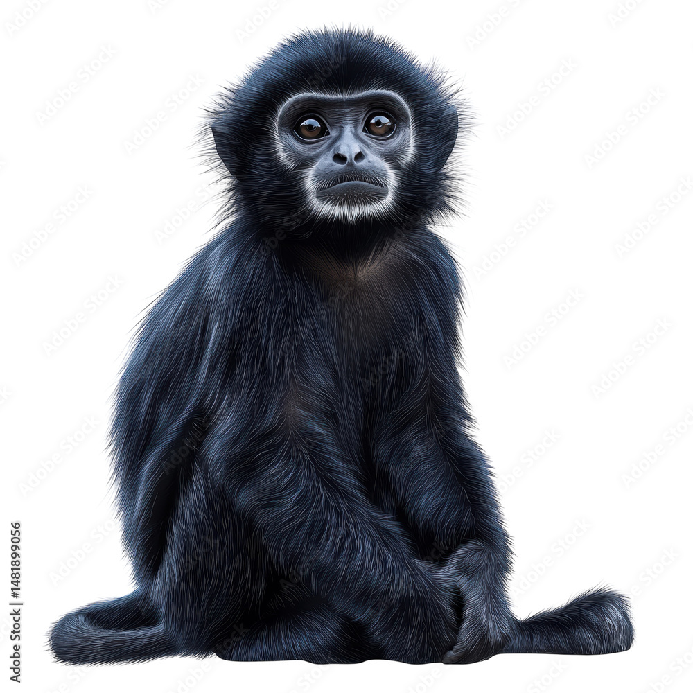 Dark furred gibbon intense gaze sits on black silky plush fur captivating on transparent background Dark furred gibbon intense gaze sits on black silky plush fur captivating on transparent background