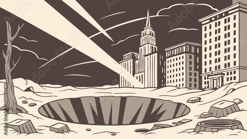 Vector SVG massive crater in deserted urban landscape, surrounded by tall buildings and dramatic sky