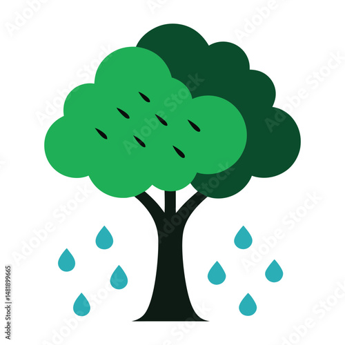 Stylized raining tree illustration with two toned green foliage and water droplets