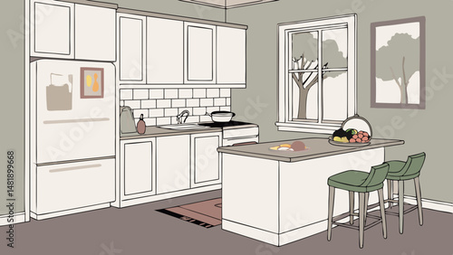 Vector SVG modern kitchen with white cabinets, spacious island, and cozy atmosphere, featuring fresh fruits and view of nature