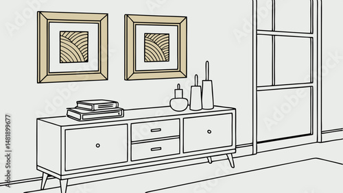 Vector SVG stylish interior scene featuring sideboard with decorative items and two framed artworks on wall, creating modern atmosphere