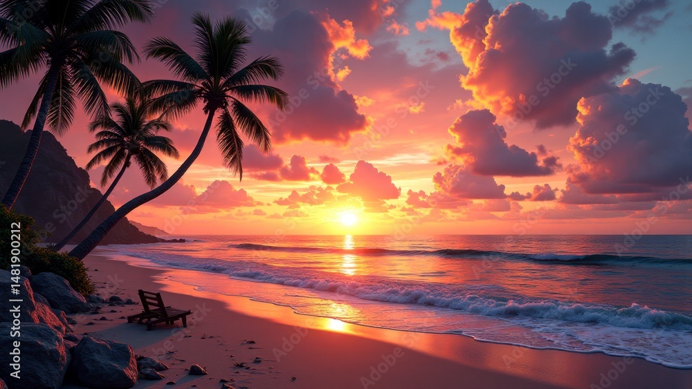 Sunset beach scene tropical paradise nature photography serene environment eye-level view relaxation concept Sunset beach scene tropical paradise nature photography serene environment eye-level view relaxation concept