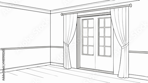 Vector SVG simple line drawing of empty room with white walls, featuring set of double doors and curtains, creating serene atmosphere