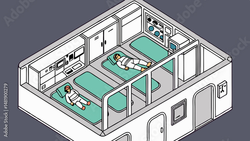 Vector SVG Astronauts resting in space station sleeping quarters, showcasing unique interior design and advanced technology
