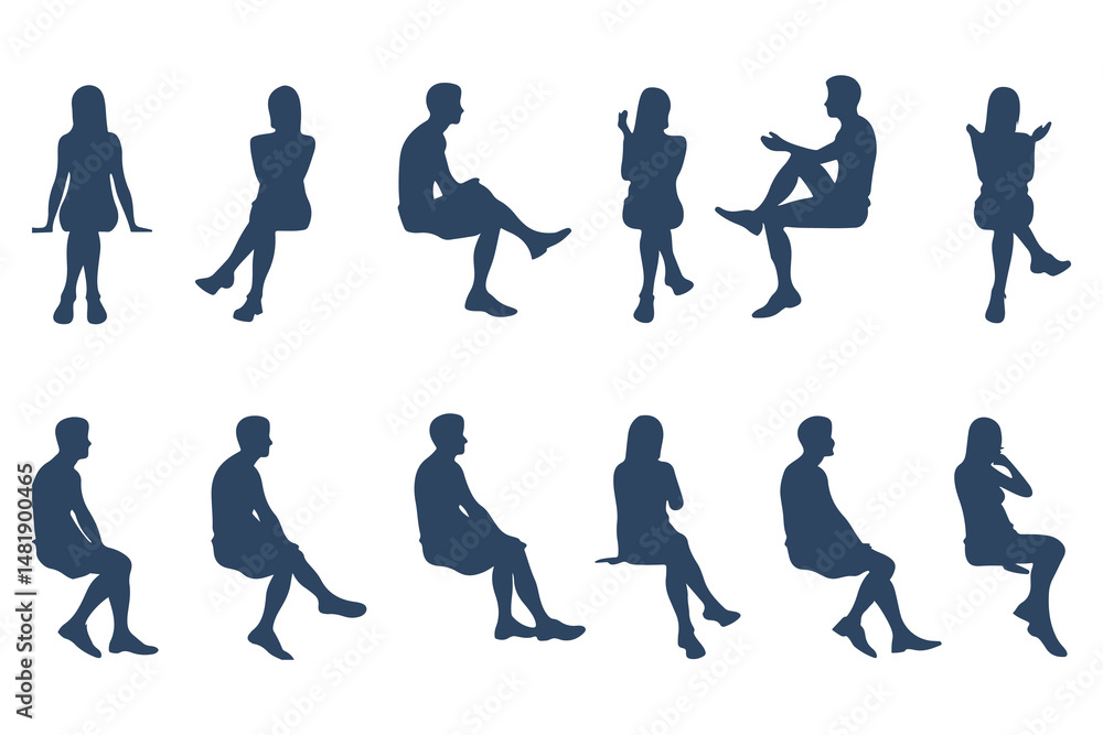 Obraz premium Minimalist Silhouette Set of Seated Human Figures. Minimalist Style, Casual Poses, with Varied Views and body types. Vector Illustration