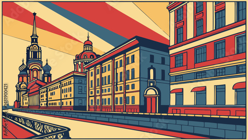 Vector SVG vibrant cubist painting of abstract cityscape featuring colorful buildings and prominent church, evoking sense of nostalgia