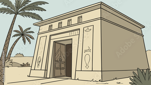 Vector SVG large Egyptian style building with ornate carvings and hieroglyphs, surrounded by palm trees, evokes sense of ancient history