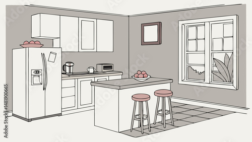 Vector SVG modern kitchen featuring light gray walls, white cabinets, and central island with stools, creating cozy atmosphere
