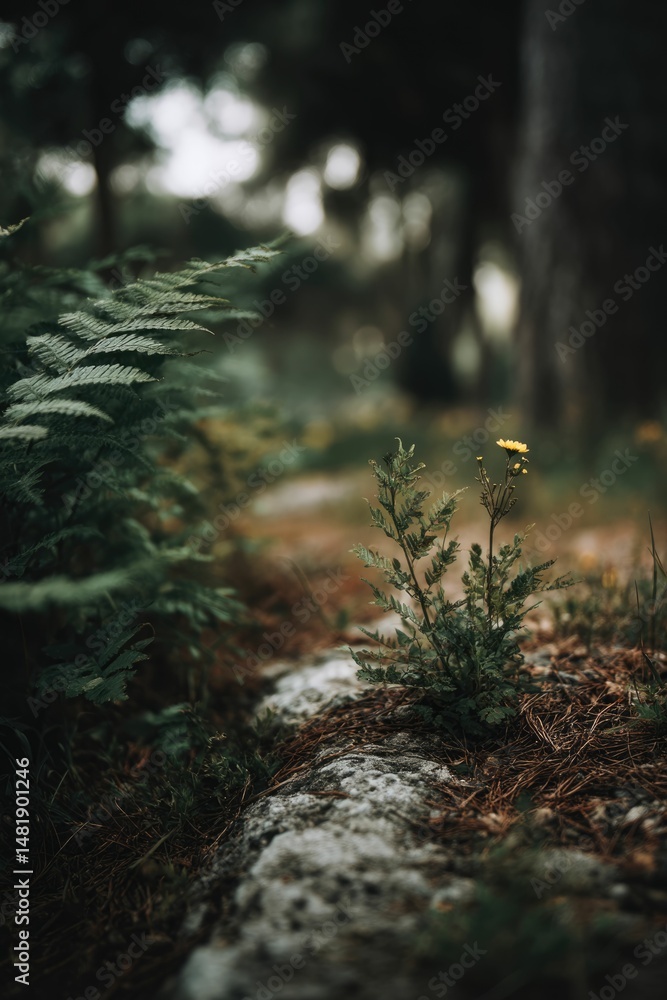Fototapeta premium Solitary Wildflower: A Moody Forest Path Scene