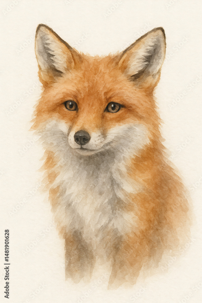 Fototapeta premium Watercolor animal portrait of fox in natural tones
