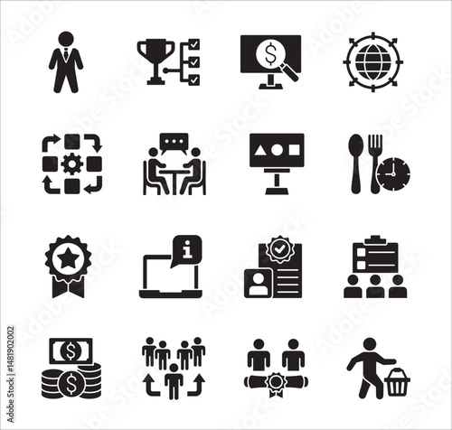 Business management flat icon set. Contains symbol of hierarchy, data, reward, work, money, employee, businessman, target, finance, lunchtime, success, task, shop, meeting, job. Vector illustration