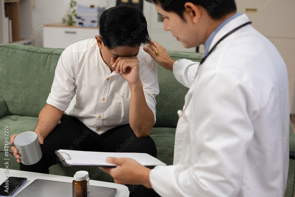 Fototapeta premium Stressed male patient are treated by a psychologist or psychiatrist in a psychiatric clinic or hospital. Patients reported symptoms of depression, stress, irritability, and life problems.