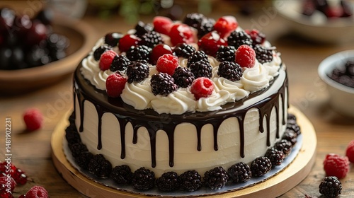 Wallpaper Mural Delicious cake with white frosting and chocolate ganache topped with fresh raspberries and blackberries Torontodigital.ca