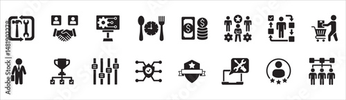 Business management flat icon set. Contains symbol of businessman, target, finance, lunchtime, success, hierarchy, data, reward, work, money, employee, task, shop, meeting, job. Vector illustration