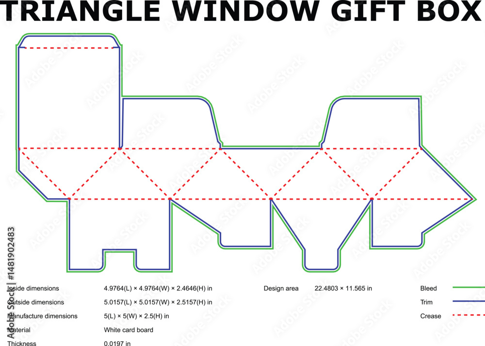 Fototapeta premium Detailed diagram of a triangle window gift box with dimensions and measurements