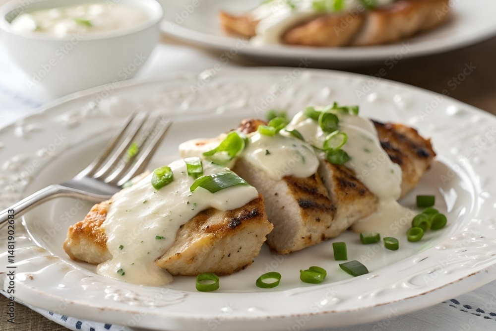 Creamy Grilled Chicken with Green Onions on Scalloped White Plate in Bright Inviting Light Creamy Grilled Chicken with Green Onions on Scalloped White Plate in Bright Inviting Light