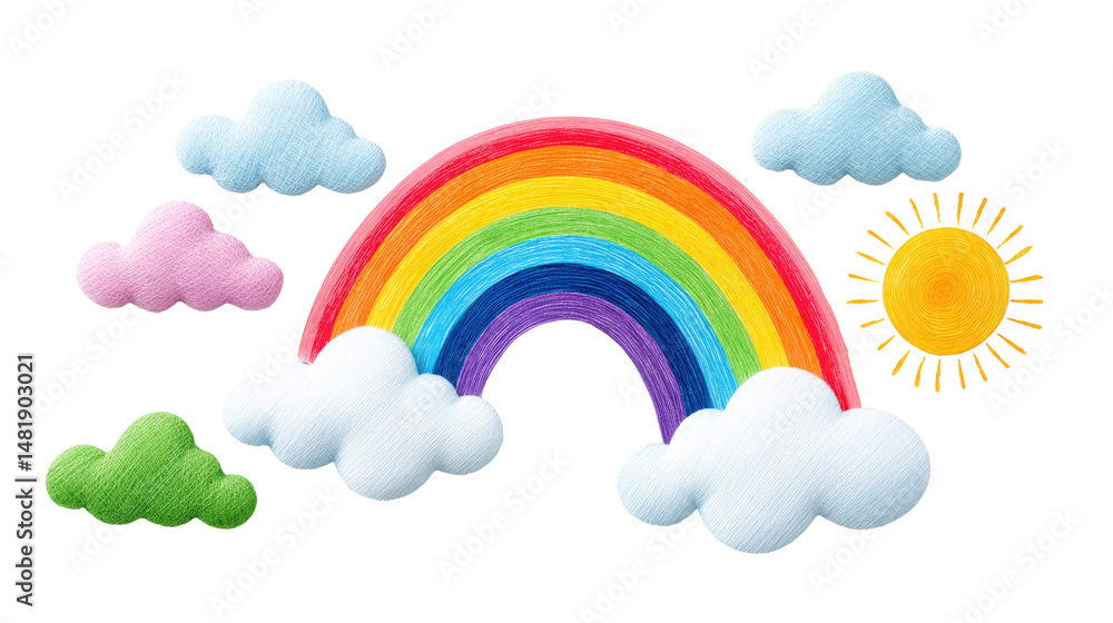 A vibrant rainbow arches across the sky, surrounded by fluffy clouds in pastel colors and a cheerful sun. The scene evokes joy and a sense of wonder, perfect for children's decor or illustrations A vibrant rainbow arches across the sky, surrounded by fluffy clouds in pastel colors and a cheerful sun. The scene evokes joy and a sense of wonder, perfect for children's decor or illustrations