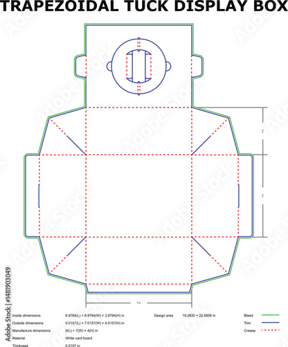 Detailed schematic of a trapezoidal tuck display box with dimensions and specifications