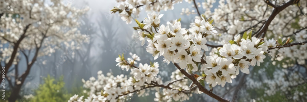Obraz premium Delicate white blossoms frame a vibrant spring scene , spring design, cherry