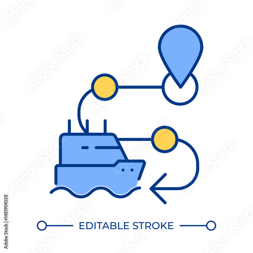 Passage planning line color icon. Ship route to destination point. Development of safe way in sea. Navigation service. Isolated vector illustration. Flat colorful symbol design. Editable stroke